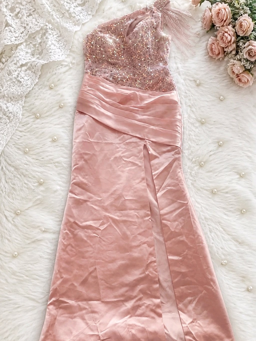 One-Shoulder Pink Sequin Evening Gown
